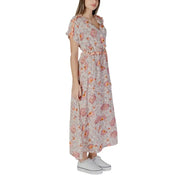 B.young pink printed v-neck short dress 100% cotton with flutter sleeves and a matching belt in light floral print
