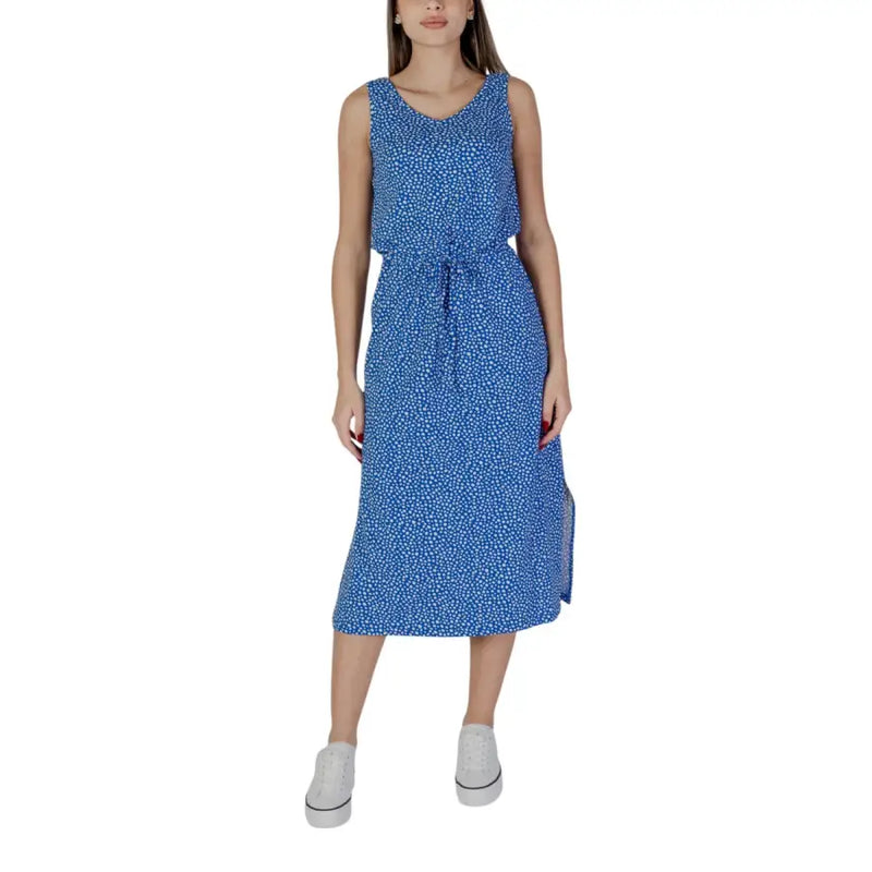 A blue sleeveless midi dress with white polka dots and a drawstring waist by B.young