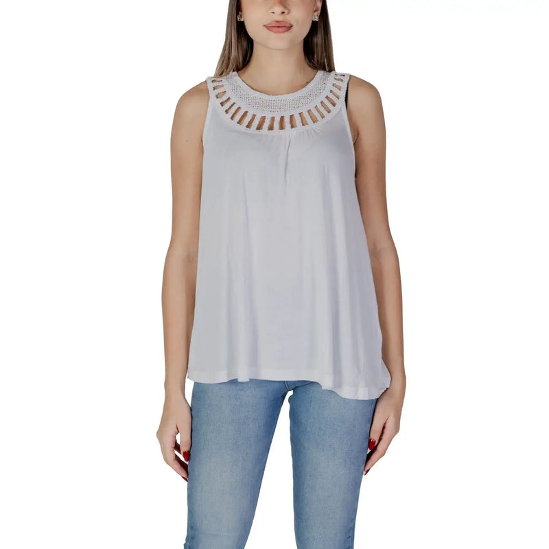 B.young femmes tank top Viscose marron avec un modèle sans manches blanc et un col ajouré délicat façon dentelle.