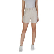 B.young women’s beige high-waisted cotton denim shorts with rolled cuffs and classic five-pocket design
