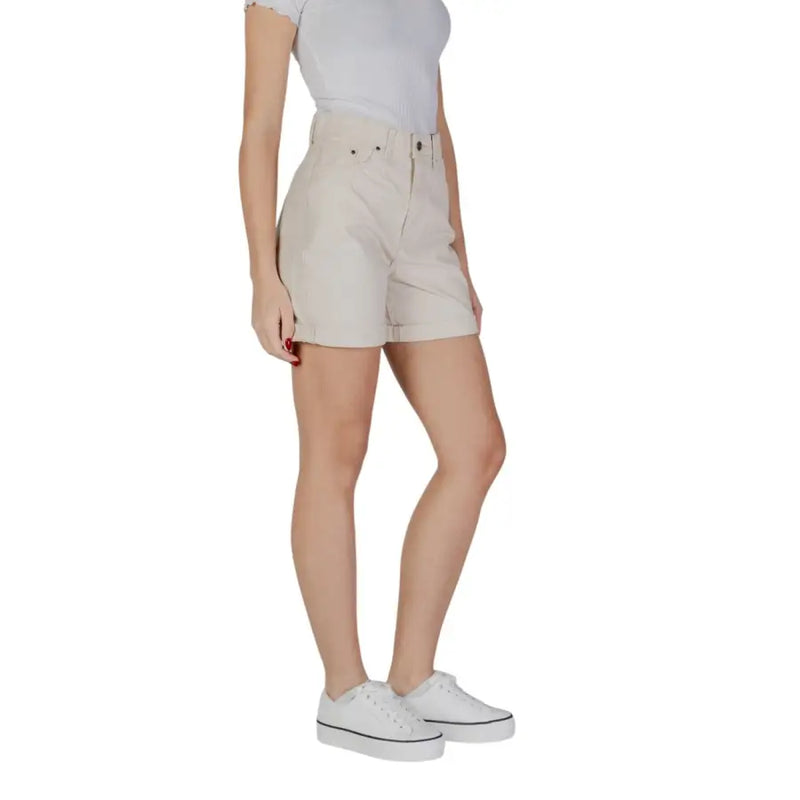 B.young women’s beige cotton high-waisted shorts with classic denim texture and rolled cuffs with pockets