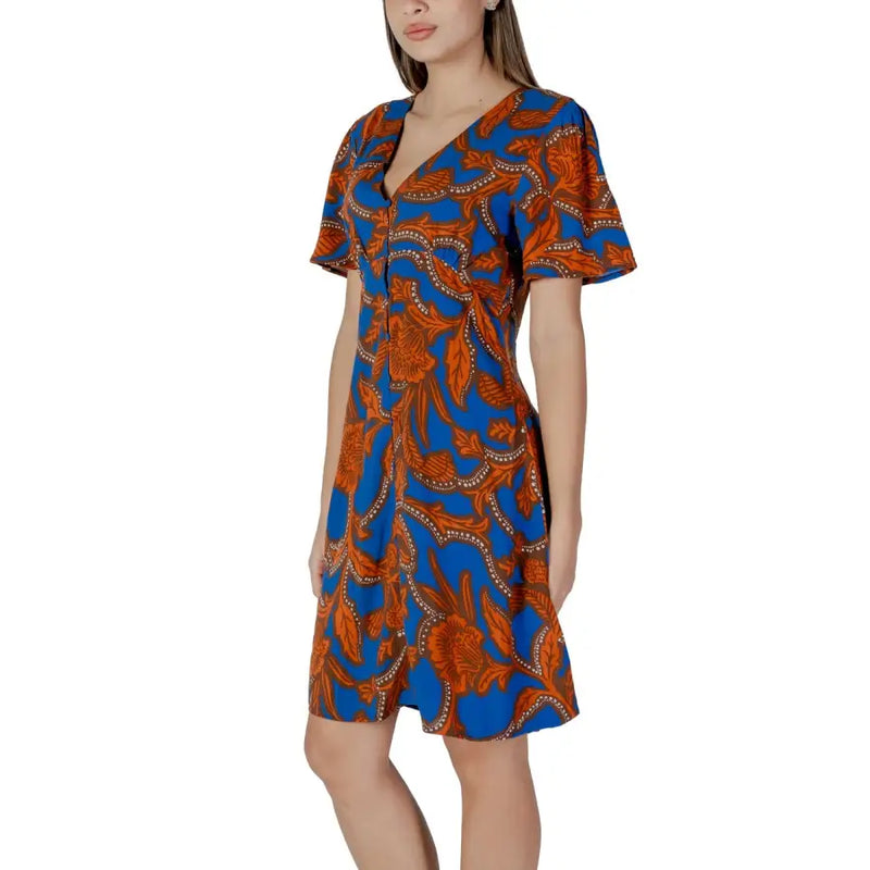 B.young women’s blue and orange floral viscose dress with v-neckline short sleeves for spring summer wear