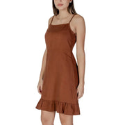 B.young women’s rust-colored sleeveless mini slip-on dress with thin straps and ruffled hem