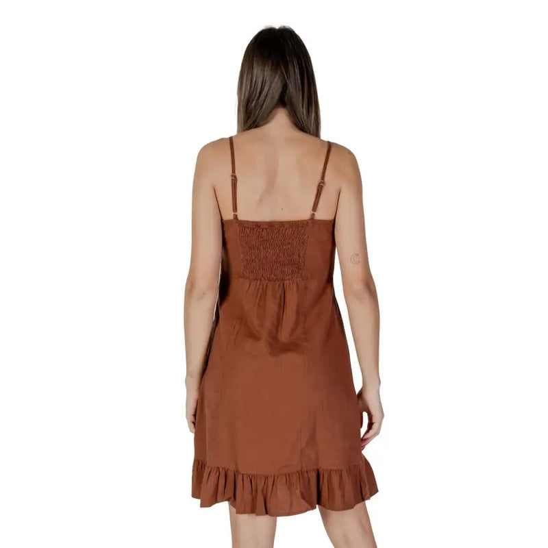 B.young women’s rust-colored sleeveless mini slip-on dress with thin straps and smocked bodice
