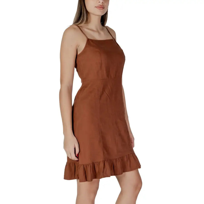 B.young women’s brown sleeveless mini slip-on dress with thin straps and ruffled hem for casual wear