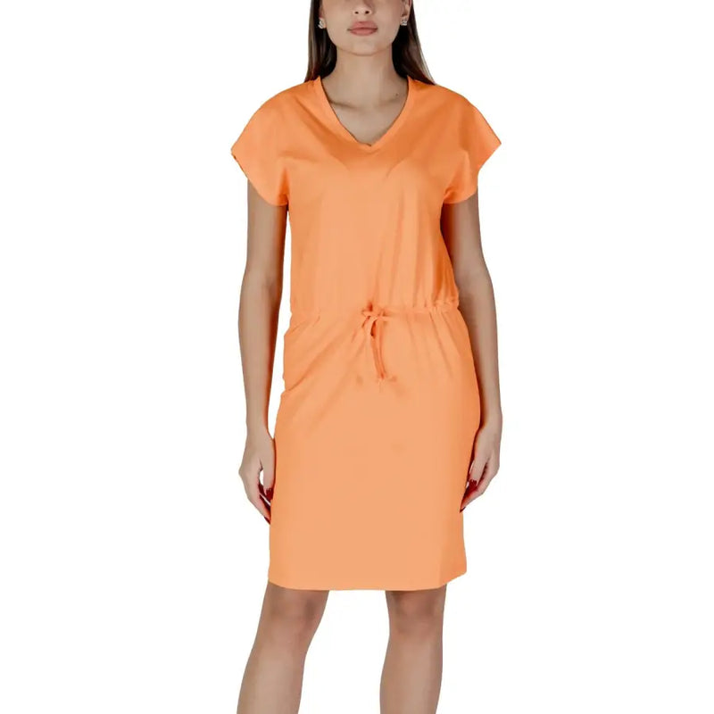 B.young women’s vibrant orange v-neck short dress with short sleeves and a drawstring waist for casual wear