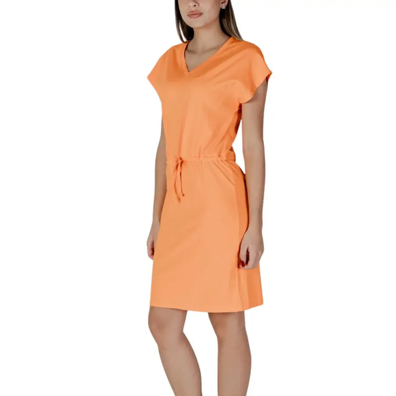 B.young women’s vibrant orange short-sleeved dress with v-neckline and drawstring waist for casual wear