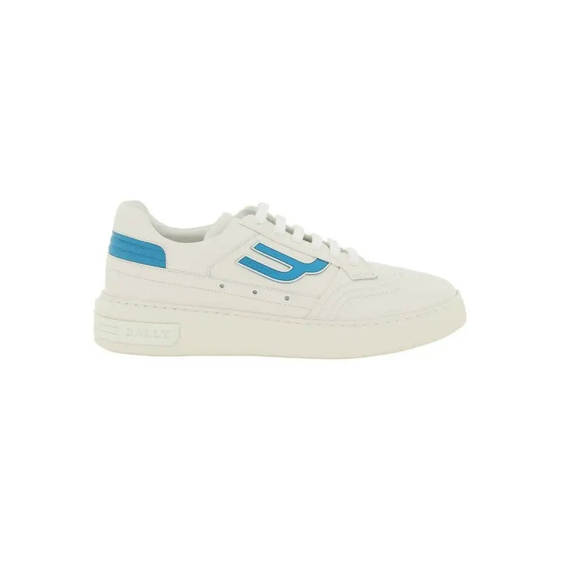 White leather men’s sneaker by bally with bold blue logo, heel stripe, and chunky sole