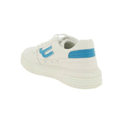 White low-top leather sneaker by Bally for men with bold blue logo and matching heel accent stripe shown from back side