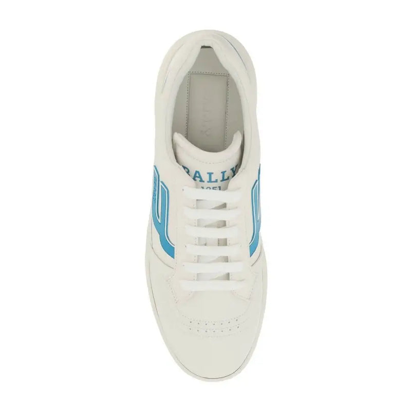 White leather bally men’s sneakers with blue side stripes and classic lace-up design