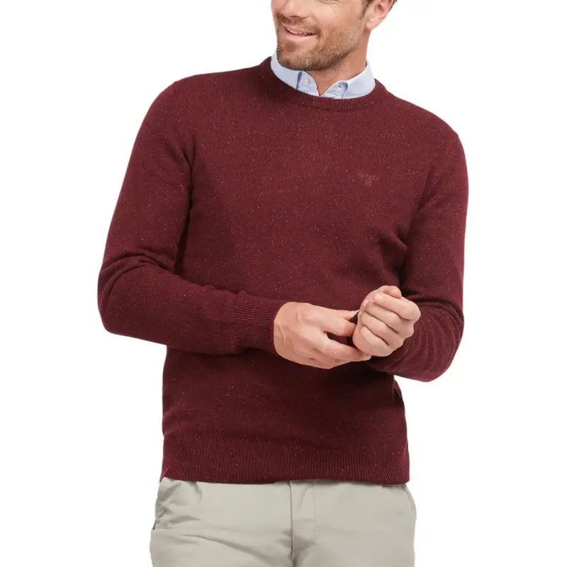 Maroon textured sweater with a crew neck and subtle logo on the chest.