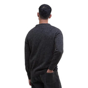 Charcoal speckled crew neck sweater with ribbed cuffs and hem, likely made of cotton or a blend.