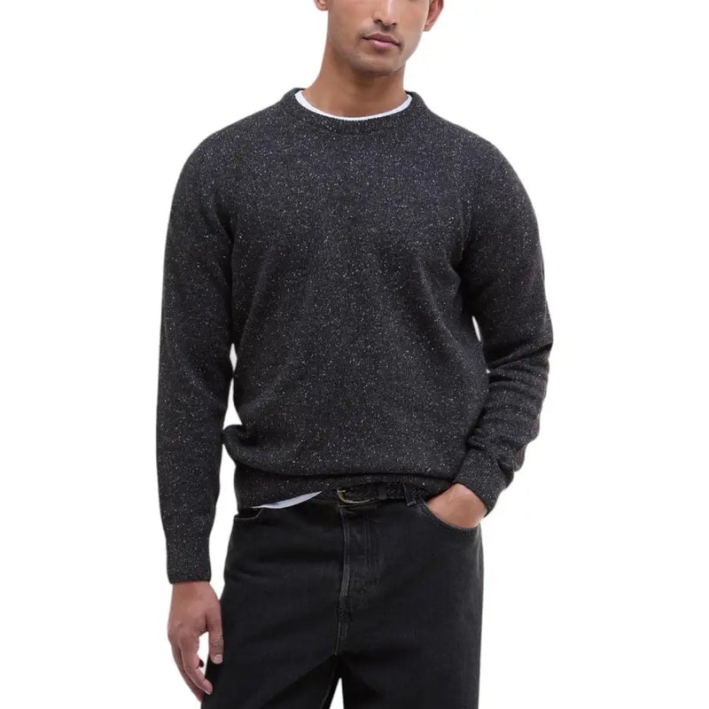 Black speckled crewneck sweater with white trim, cotton blend material.