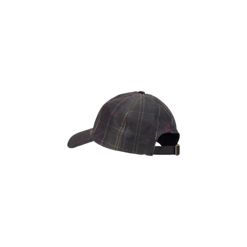 Casquette Barbour Haydon Tartan pour homme, en tartan gris foncé à rayures rouges et blanches, avec sangle réglable noire, vue de face