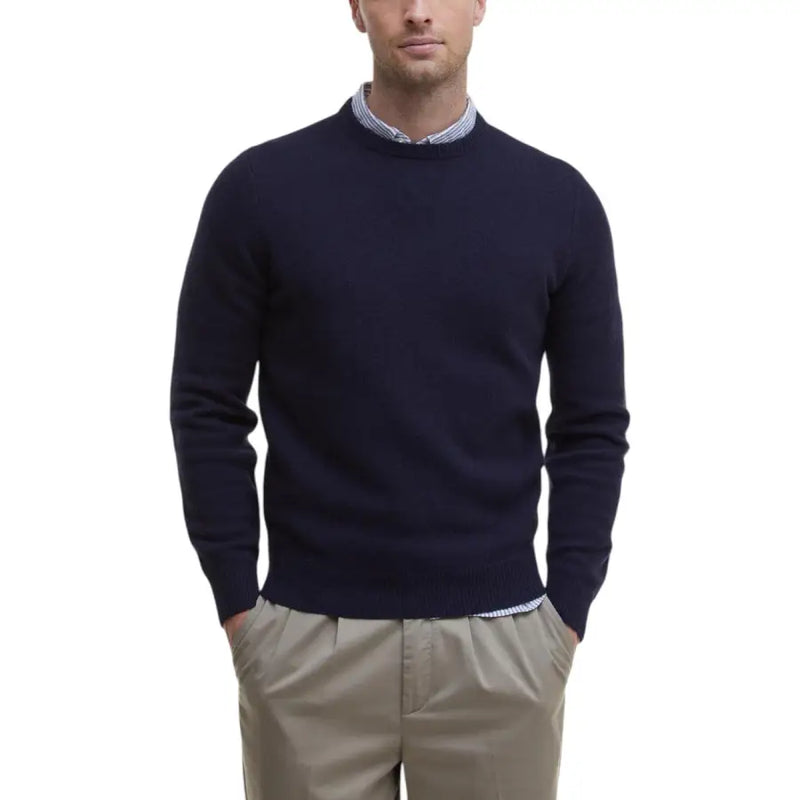 Navy blue crew neck sweater with white lace trim, made of soft cotton and wool blend.