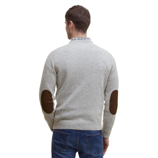 Light gray sweater with brown elbow patches and plaid collar, likely made of wool or cotton blend.