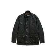 Veste Barbour noire en coton ciré, avec col classique, fermeture boutonnée et multiples poches à rabat.