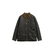 Blazer Barbour International pour homme, en coton ciré vert foncé, col en velours côtelé marron et boutons en laiton.