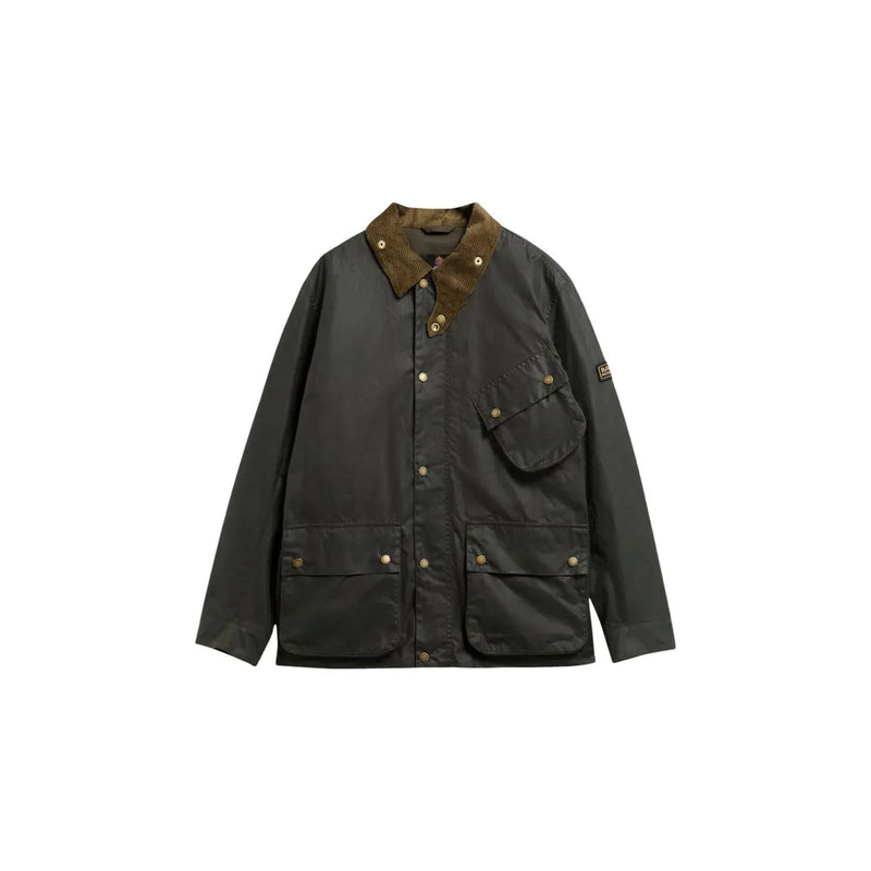 Blazer Barbour International pour homme, en coton ciré vert foncé, col en velours côtelé marron et boutons en laiton.