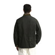 Veste Barbour International pour homme en coton ciré vert, col en velours côtelé marron et détails de boutons dorés