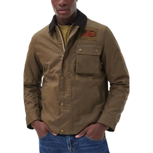 Men’s brown cotton blazer with a Union Jack patch and front pockets by Barbour