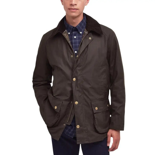 Dark olive green waxed cotton Barbour blazer with corduroy collar gold buttons and pockets