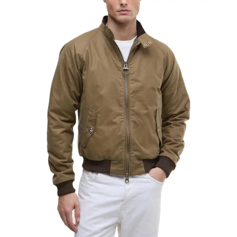 Men’s olive green bomber jacket with ribbed cuffs and hem displayed with Barbour Brown Cotton Turtleneck Blazer