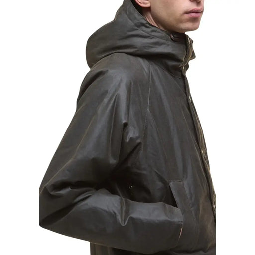 Dark olive green hooded puffer jacket with side pockets for Men in Barbour Brown Cotton Blazer collection