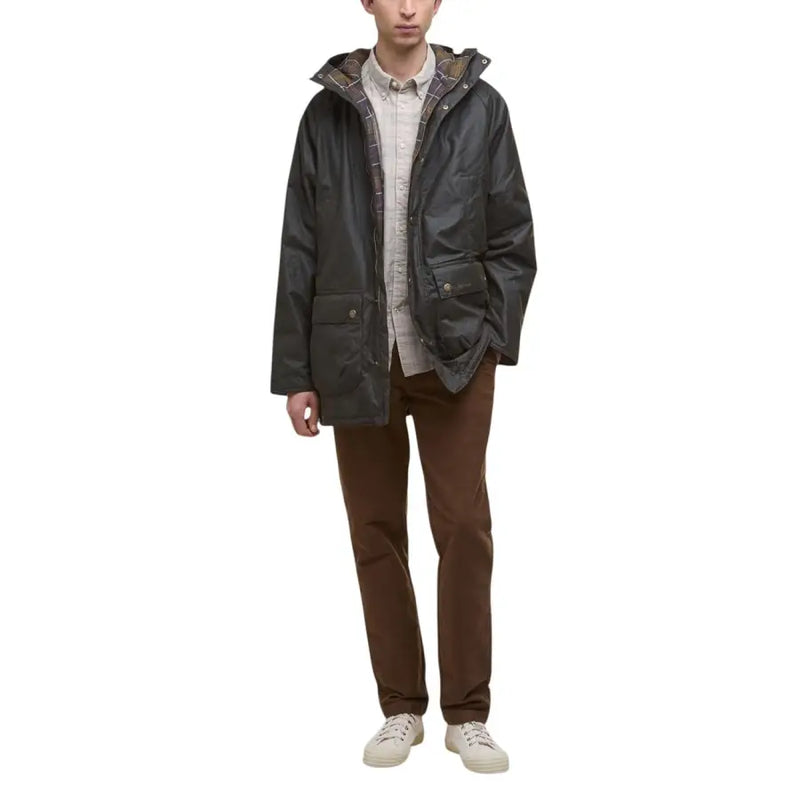 Men’s olive green hooded parka jacket with plaid lining displayed with Barbour Brown Cotton Blazer