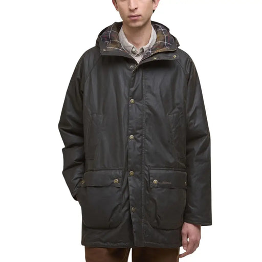 Dark olive green waxed cotton jacket with plaid-lined hood and snap closures