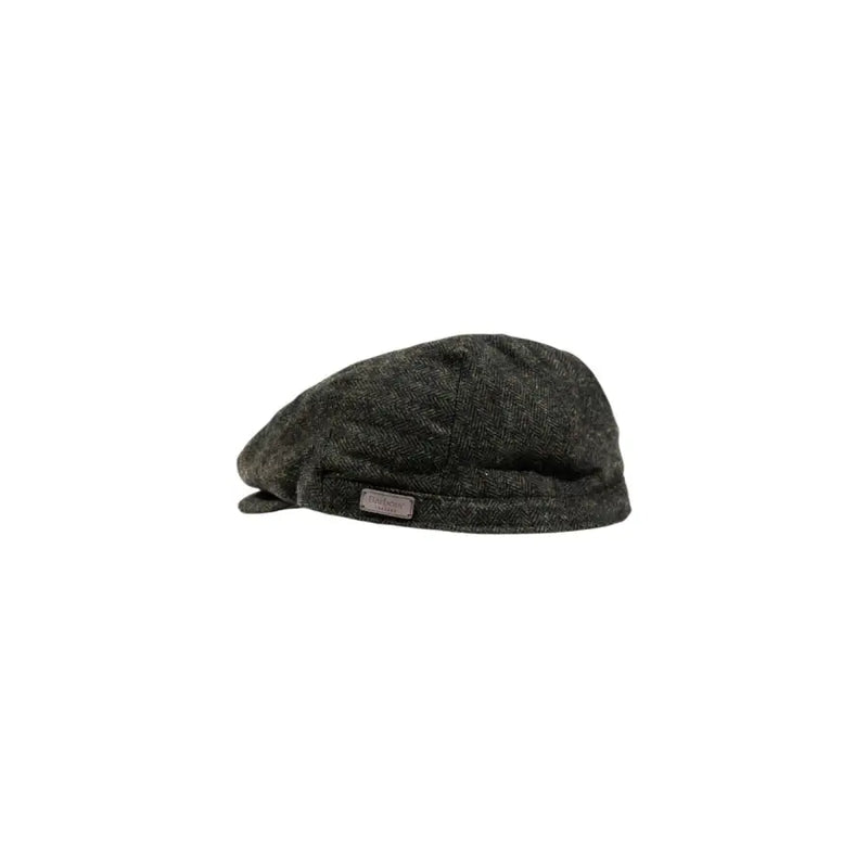 Tweed flat cap with a textured pattern and dark green color.
