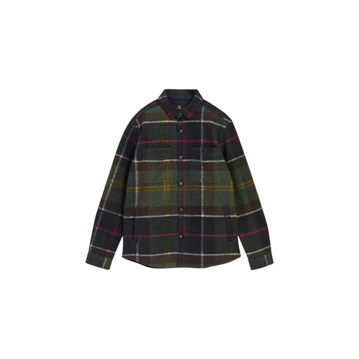 Veste blazer Barbour pour homme en laine mélangée verte, présentée avec une chemise en flanelle à carreaux vert foncé et noirs à rayures rouges.