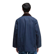 Blazer Barbour pour homme en coton ciré bleu marine, veste de terrain avec col contrastant marron foncé en coton ciré
