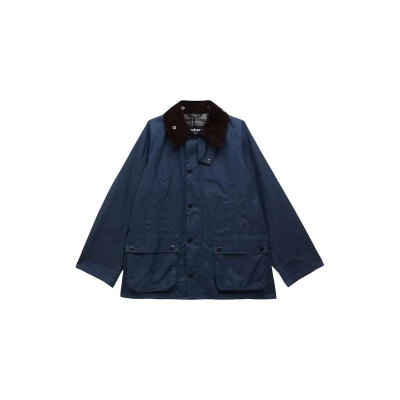 Blazer Barbour bleu marine pour homme en coton ciré, col doublé de fourrure marron foncé et boutons noirs apparents sur le devant
