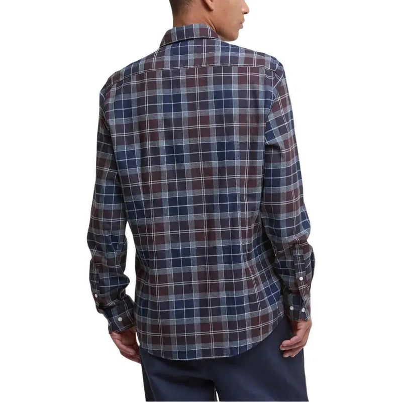 Men’s navy, maroon, and white plaid long-sleeve button-up shirt with pockets
