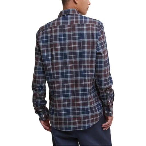 Men’s navy, maroon, and white plaid long-sleeve button-up shirt with pockets