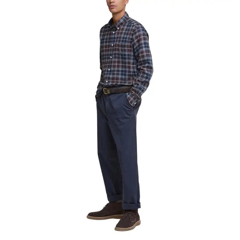 Men’s blue and brown plaid long-sleeve cotton button-up shirt with pockets