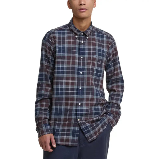 Men’s navy, red, and white plaid long-sleeve button-down shirt with pockets