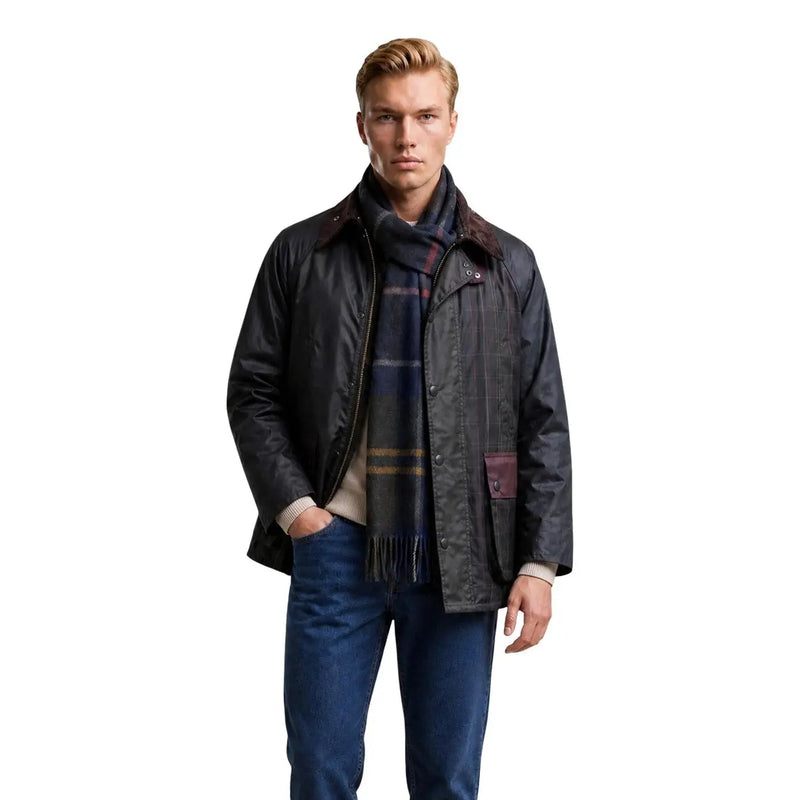 Veste Barbour pour homme en coton ciré marron, patchwork, en coton ciré bleu marine foncé avec col marron et poche plaquée bordeaux