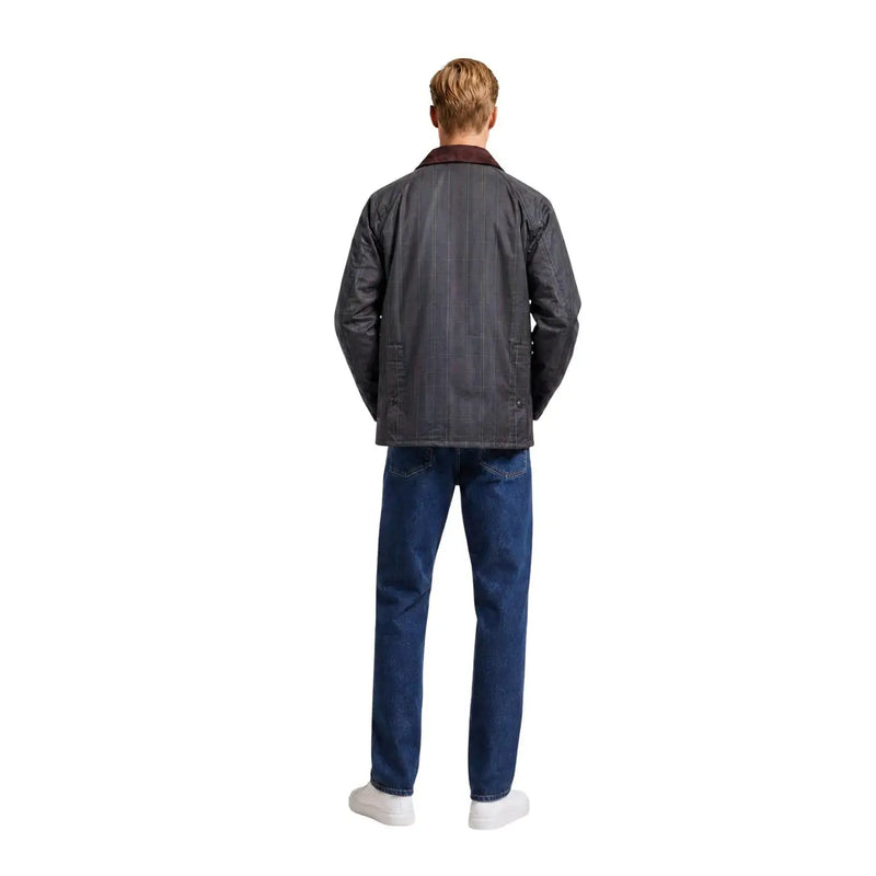 Veste Barbour pour homme en coton marron patchwork ciré gris foncé avec col bordeaux contrastant