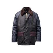 Veste Barbour pour homme en coton patchwork marron, en coton ciré vert foncé avec col en velours côtelé marron et poches bordées de bordeaux