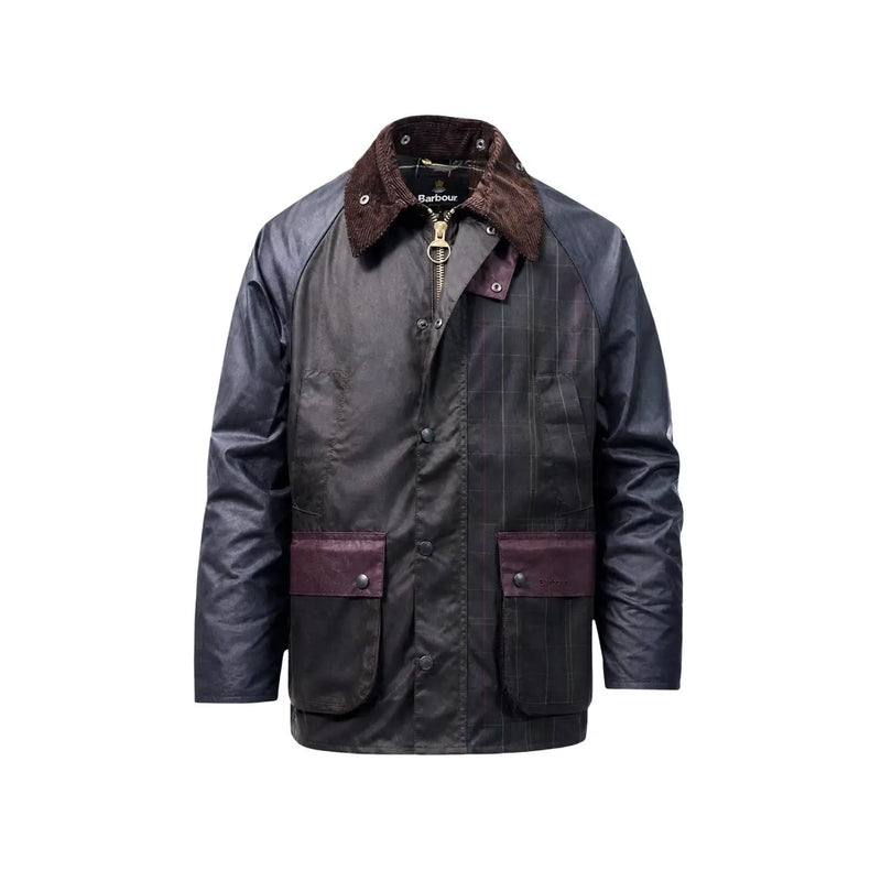 Veste Barbour pour homme en coton patchwork marron, en coton ciré vert foncé avec col en velours côtelé marron et poches bordées de bordeaux