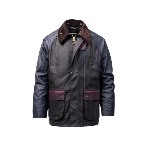 Veste Barbour pour homme en coton patchwork marron, en coton ciré vert foncé avec col en velours côtelé marron et poches bordées de bordeaux