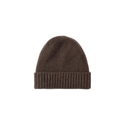 Brown ribbed knit beanie hat with folded brim and soft texture.