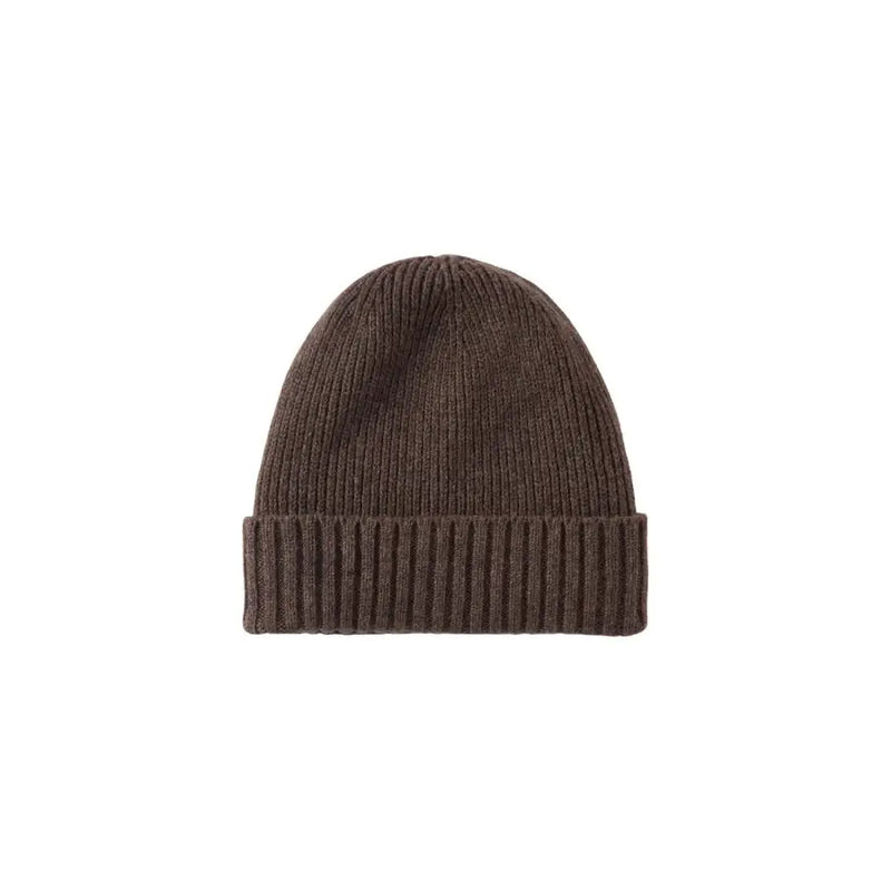 Brown ribbed knit beanie hat with folded brim and soft texture.