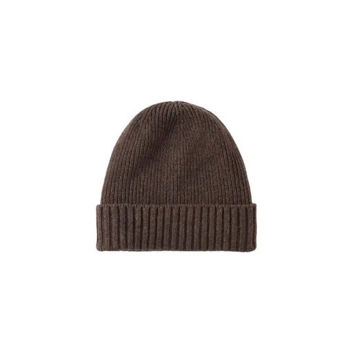 Brown ribbed knit beanie hat with folded brim and soft texture.