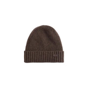 Brown ribbed beanie with a folded cuff and logo