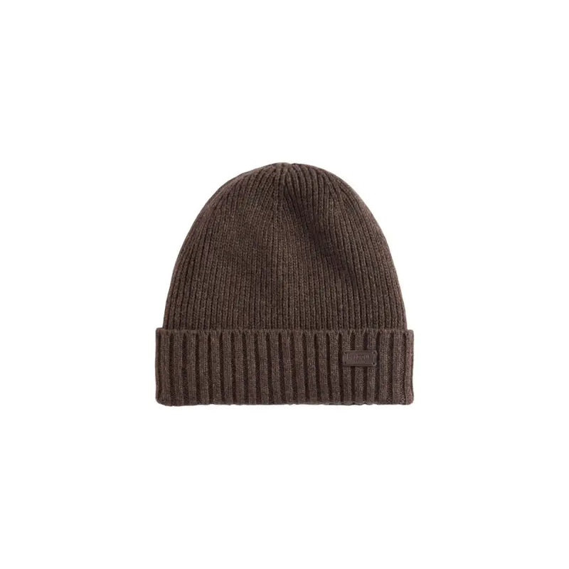 Brown ribbed beanie with a folded cuff and logo