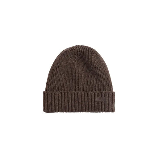 Brown ribbed beanie with a folded cuff and logo