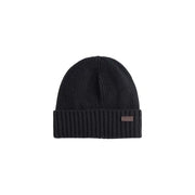 Black ribbed beanie with brown leather patch